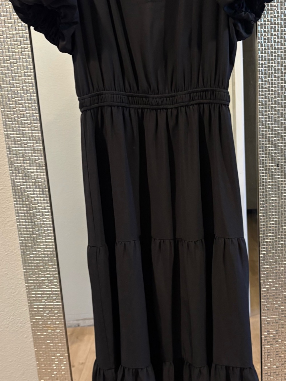 London Times Black Tiered Maxi Dress with Puff Sleeves